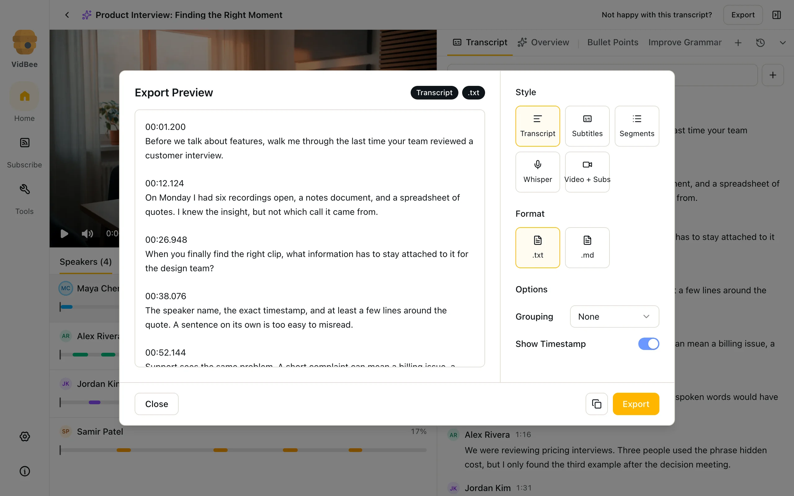 Transcript export, Light mode