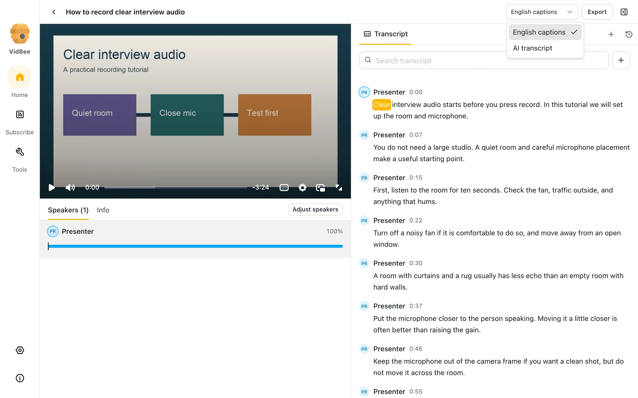 VidBee Transcript source menu with English captions and AI transcript for the same tutorial.
