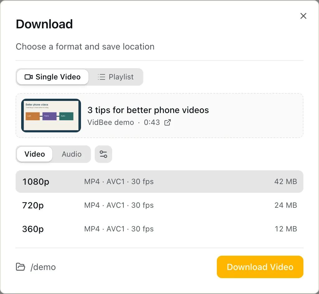 VidBee download setup for a short phone-video tutorial, showing format choices and Download Video.