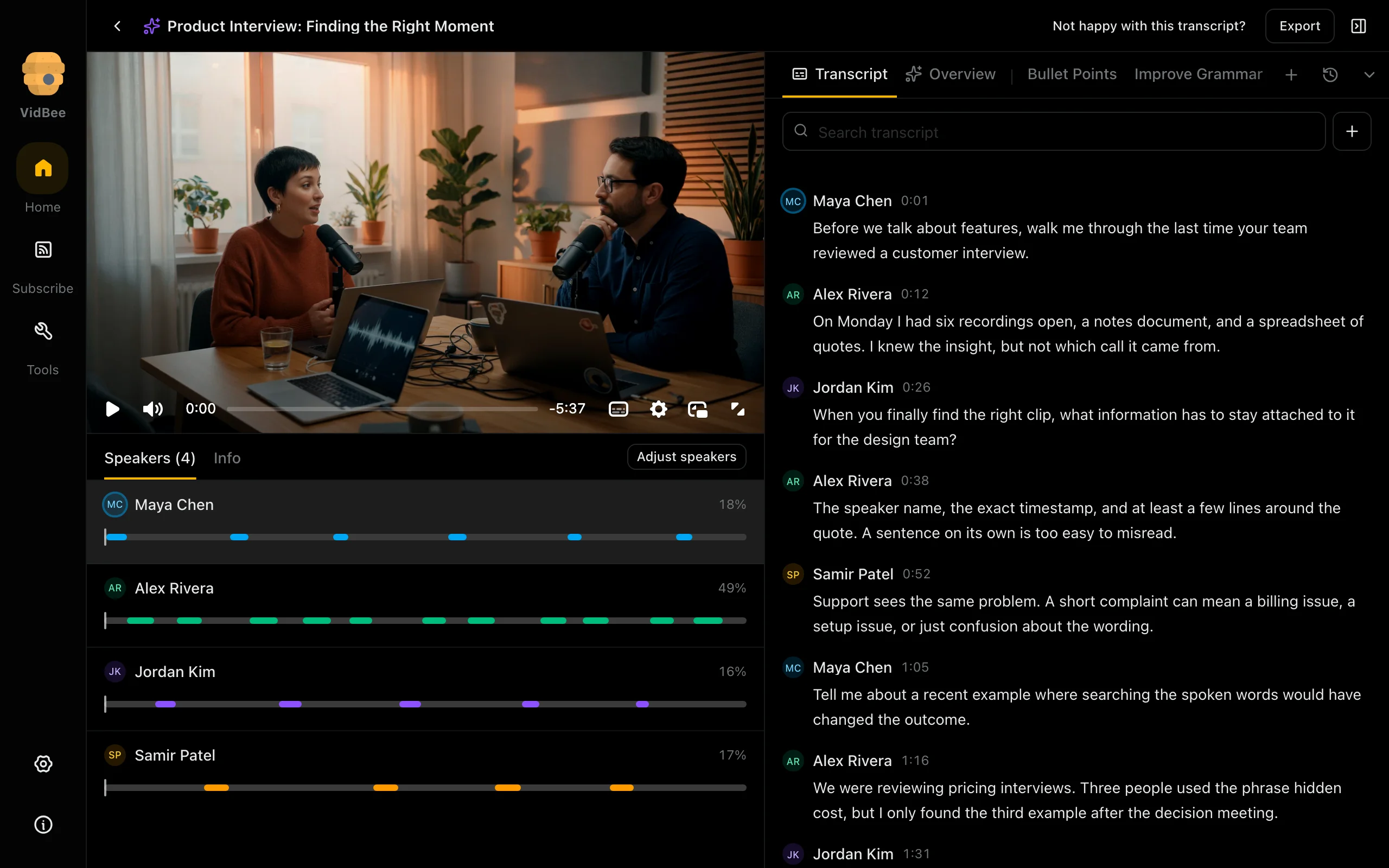 Transcript workspace, Dark mode