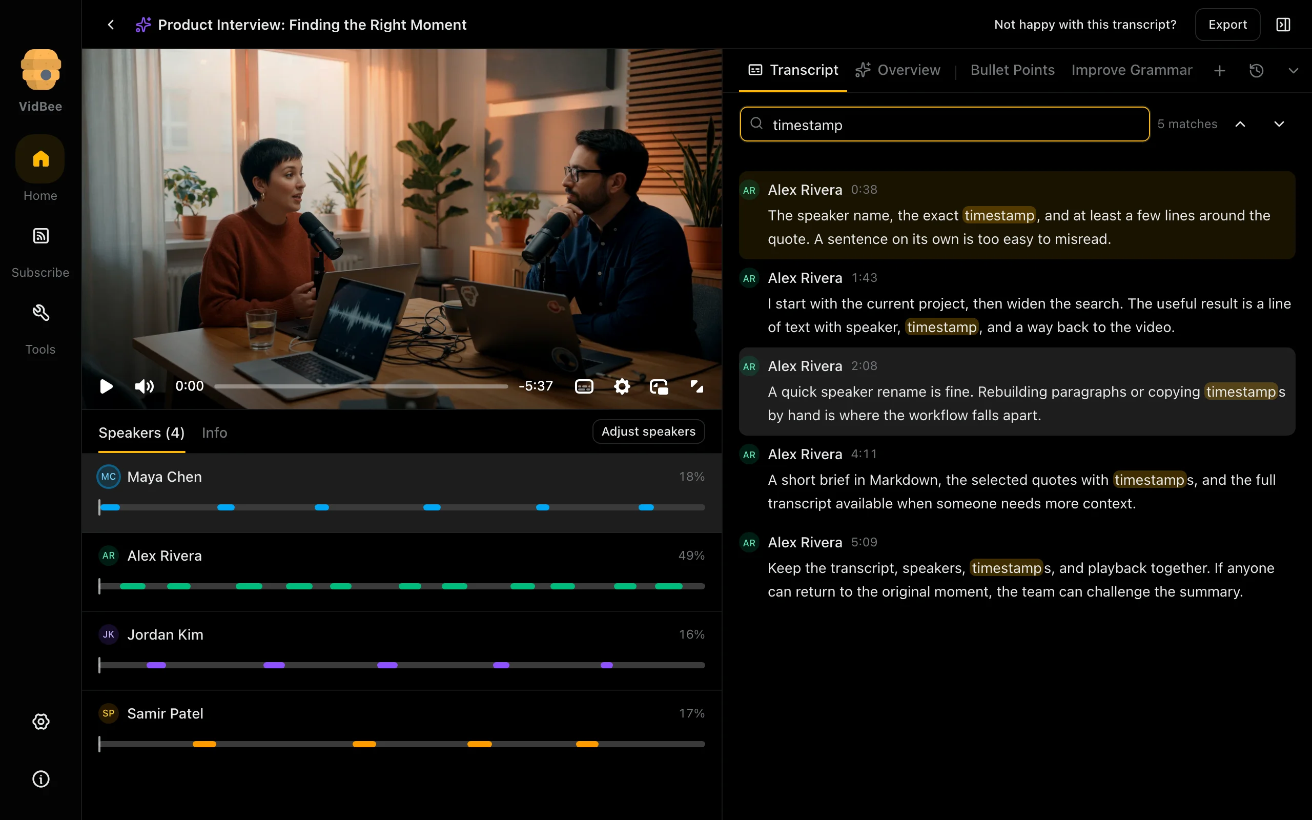 Transcript search, Dark mode