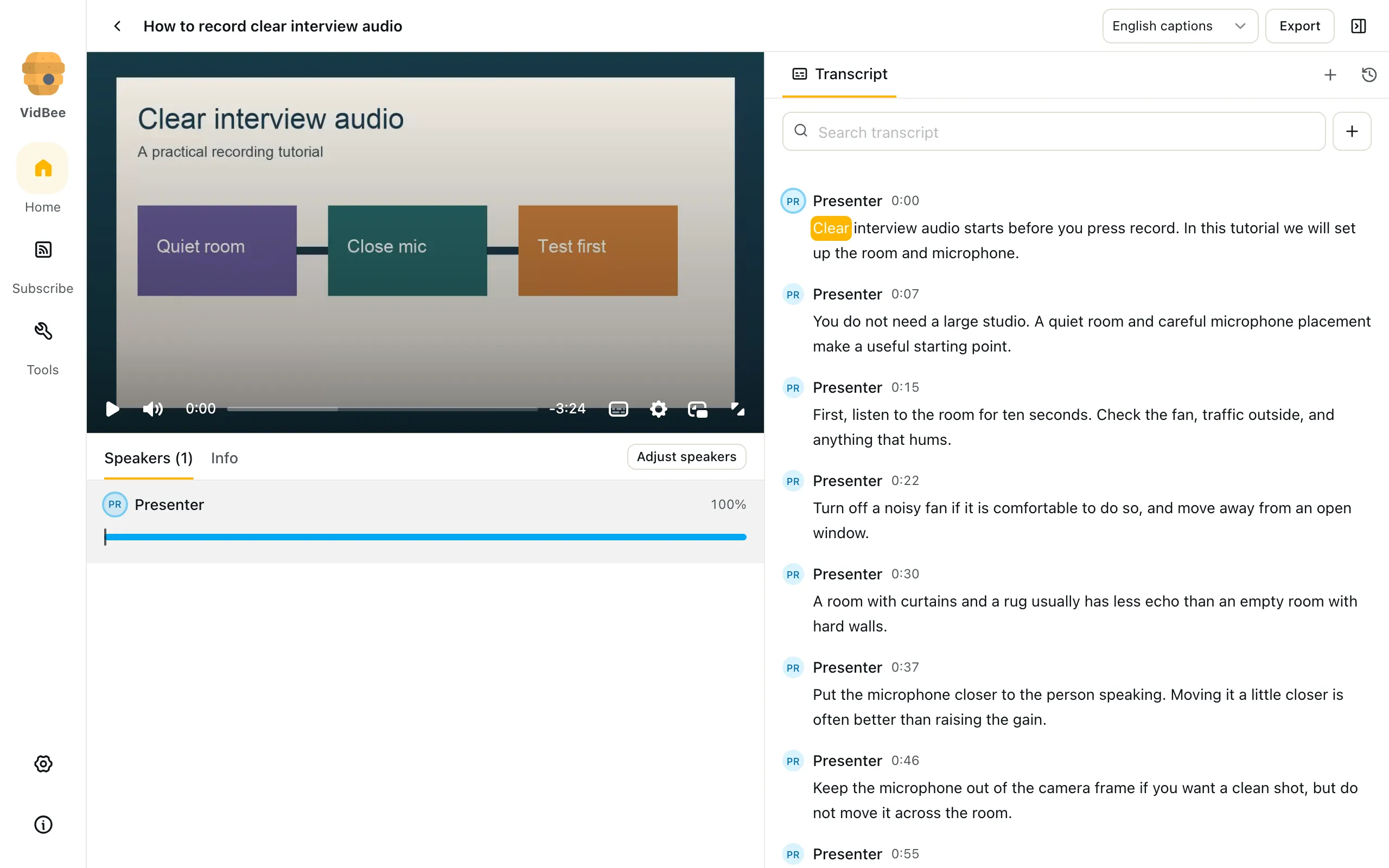 VidBee showing a tutorial with English captions selected, timestamped text and video playback.