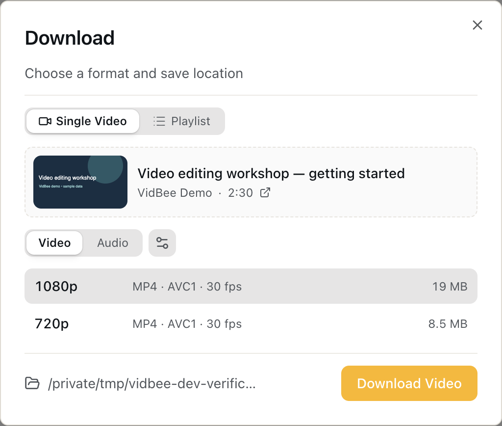 Single-video dialog with example 1080p and 720p MP4 formats
