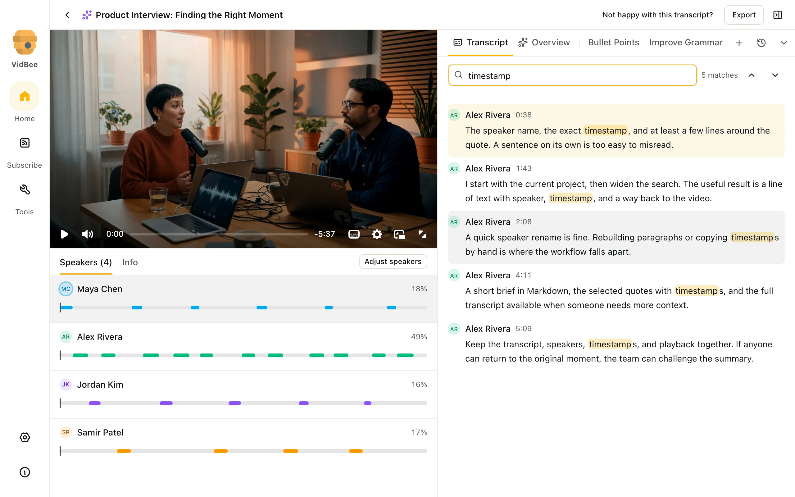 Transcript search, Light mode