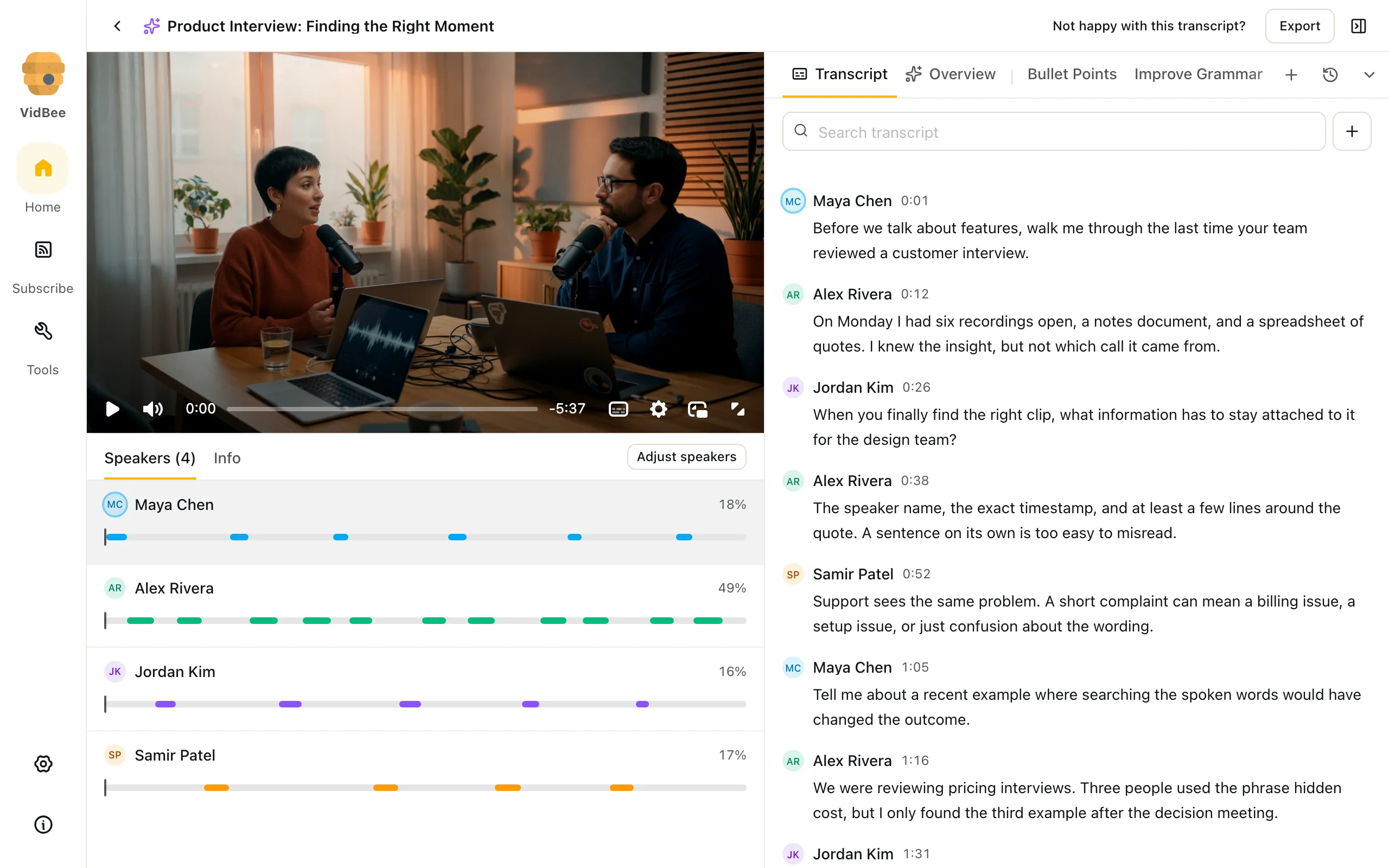 Transcript workspace, Light mode