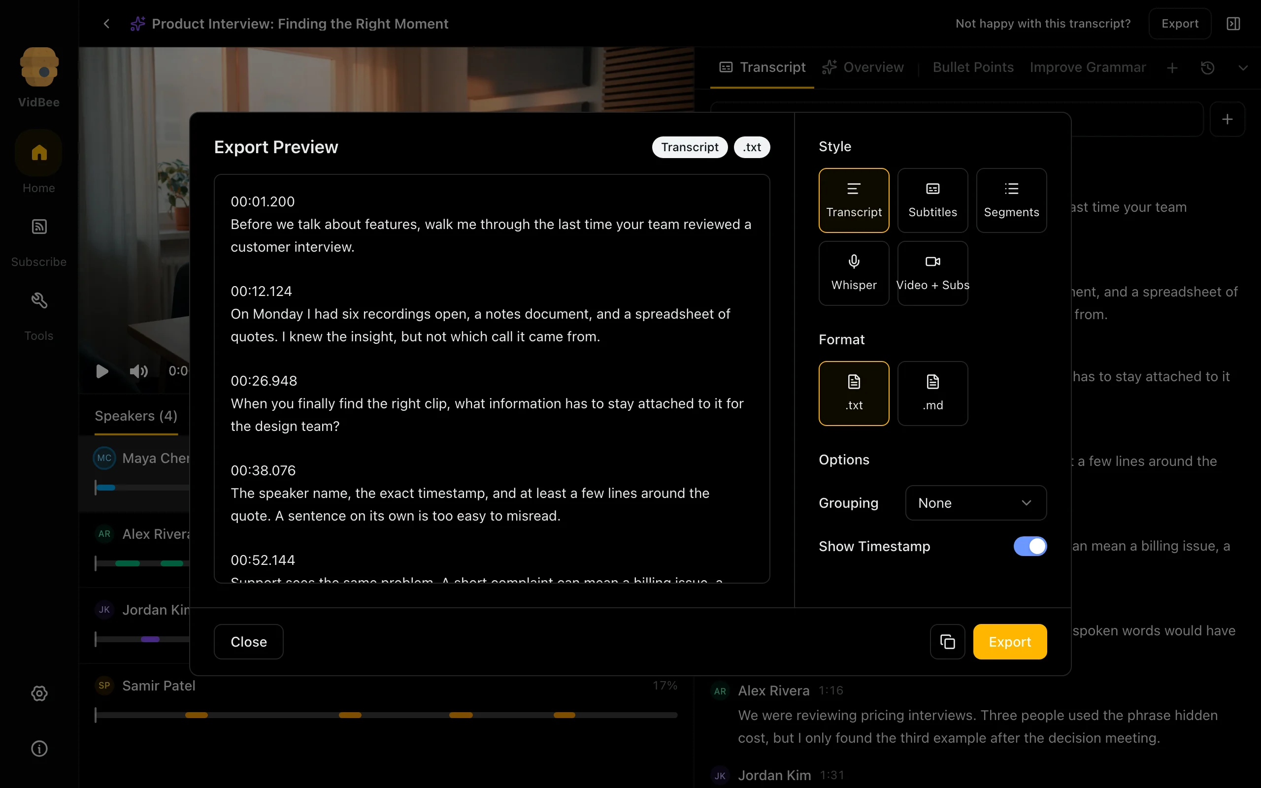 Transcript export, Dark mode