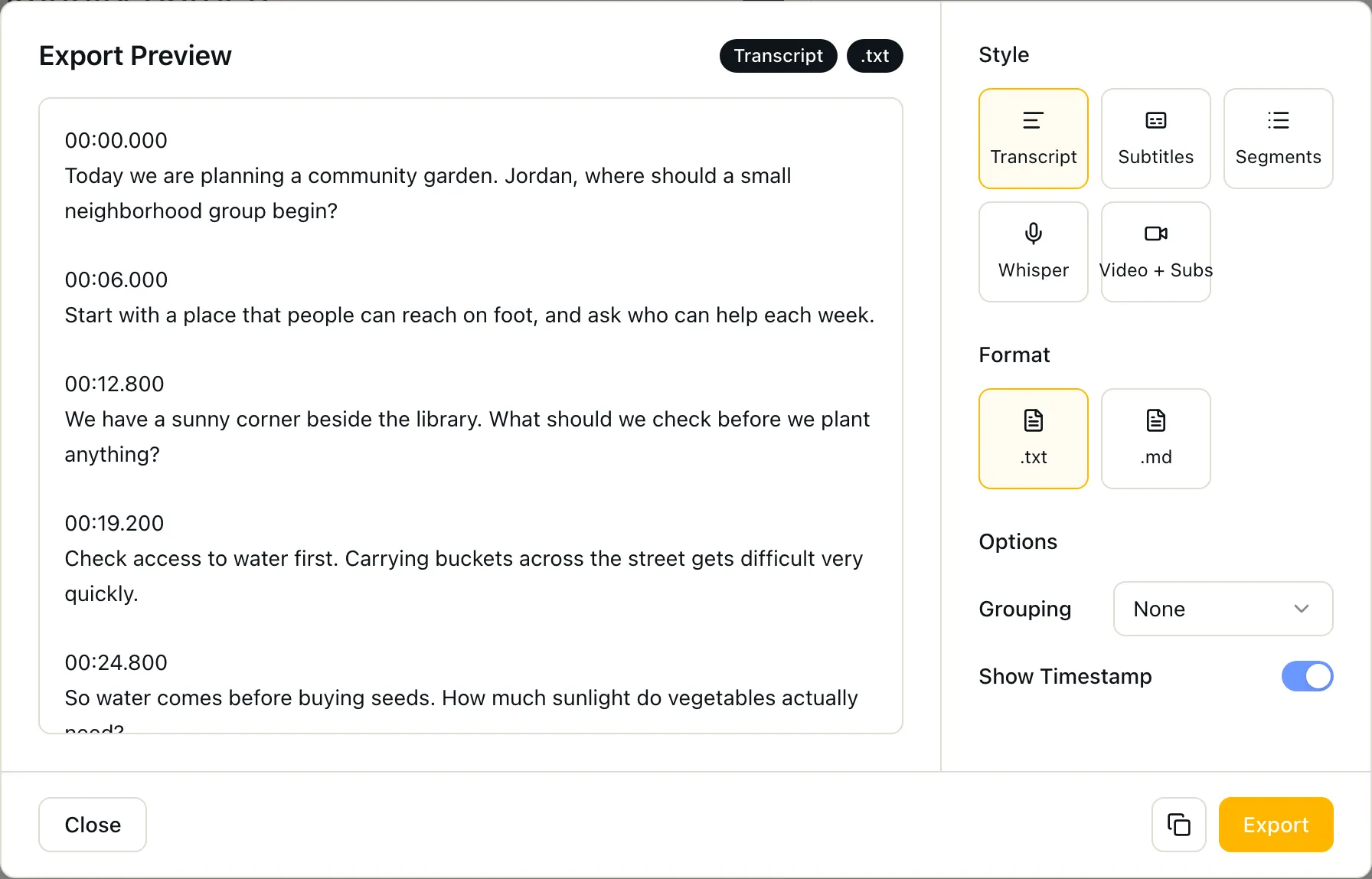 VidBee Export Preview filled with a timed interview and the Transcript and .txt controls.