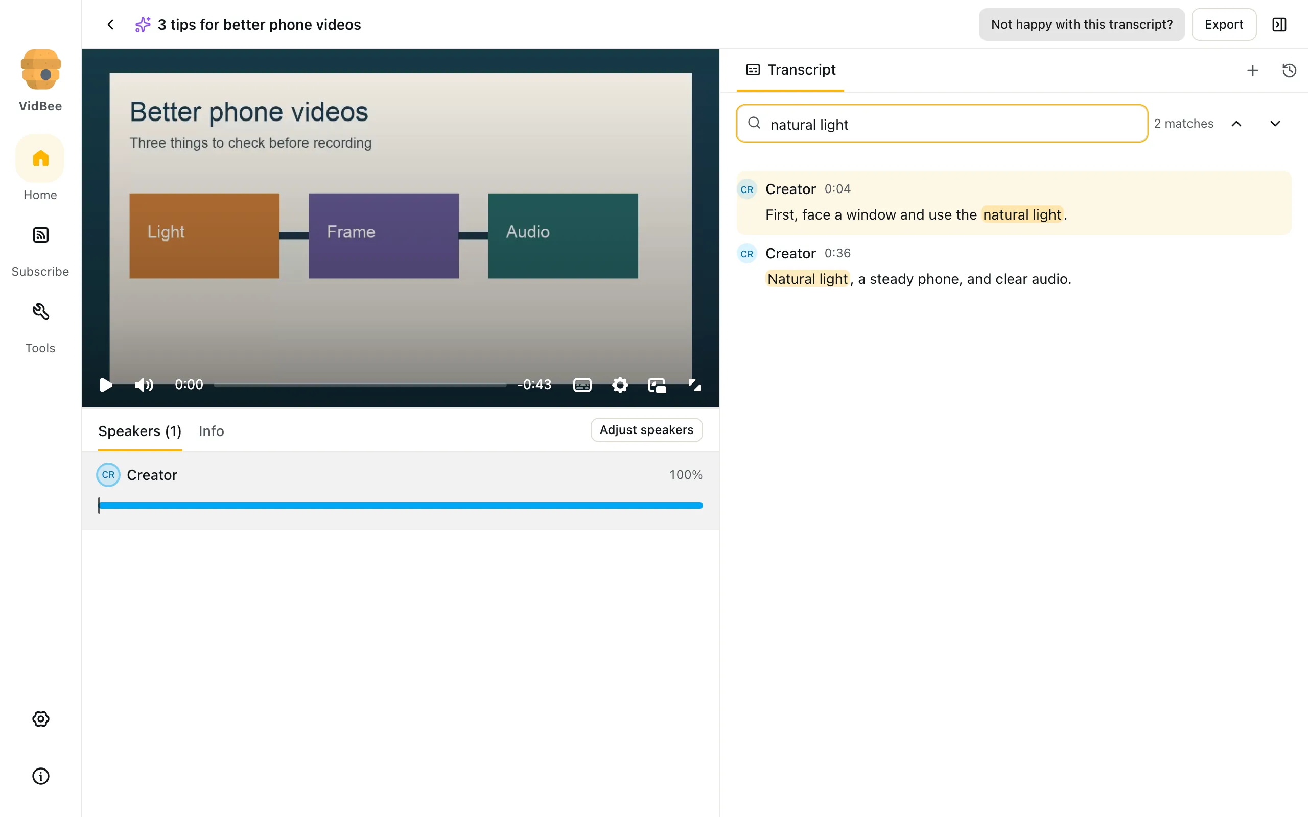 VidBee searching a short phone-video transcript for natural light, with matching words highlighted.