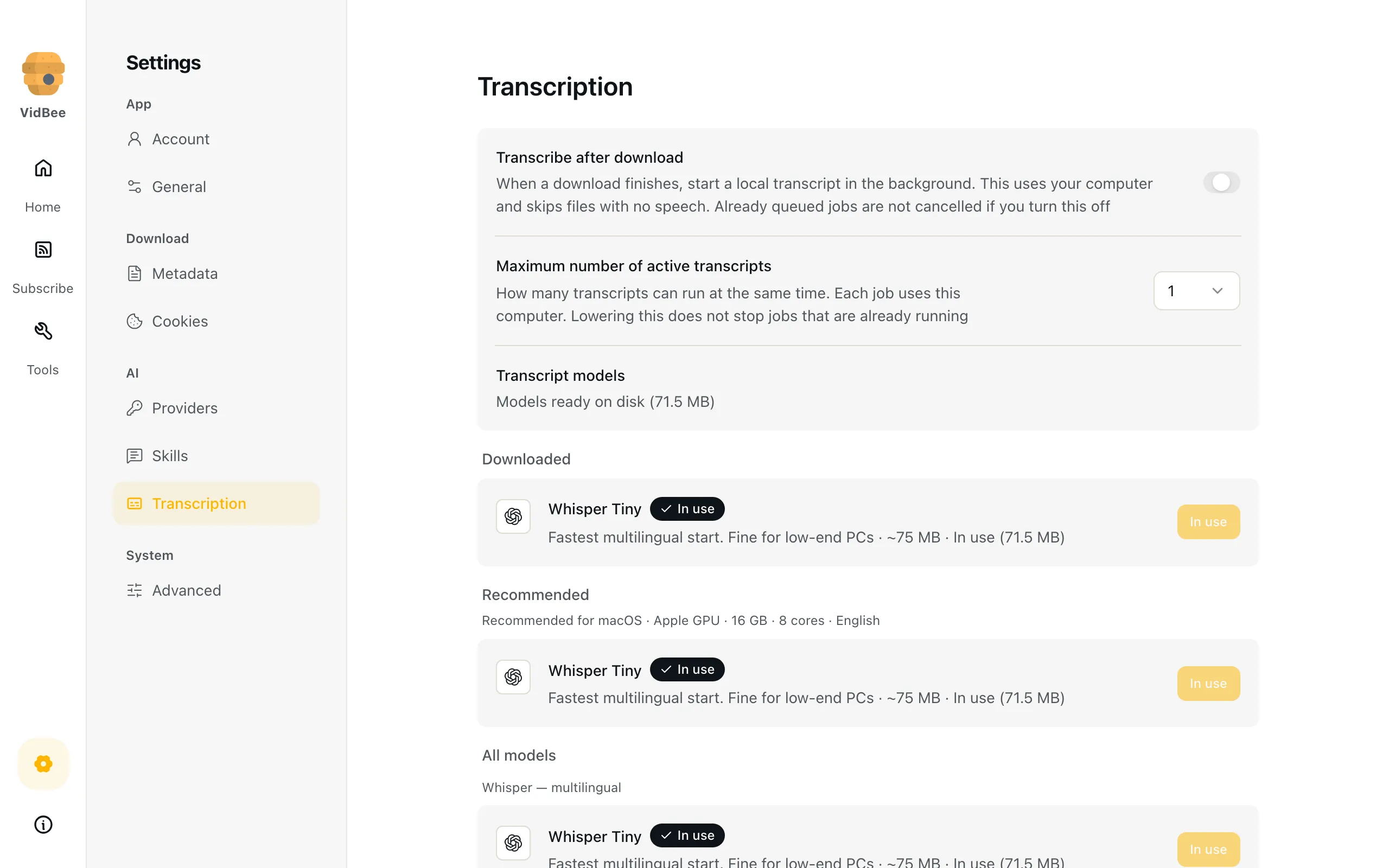 VidBee Transcription settings showing downloaded speech models and an In use marker.