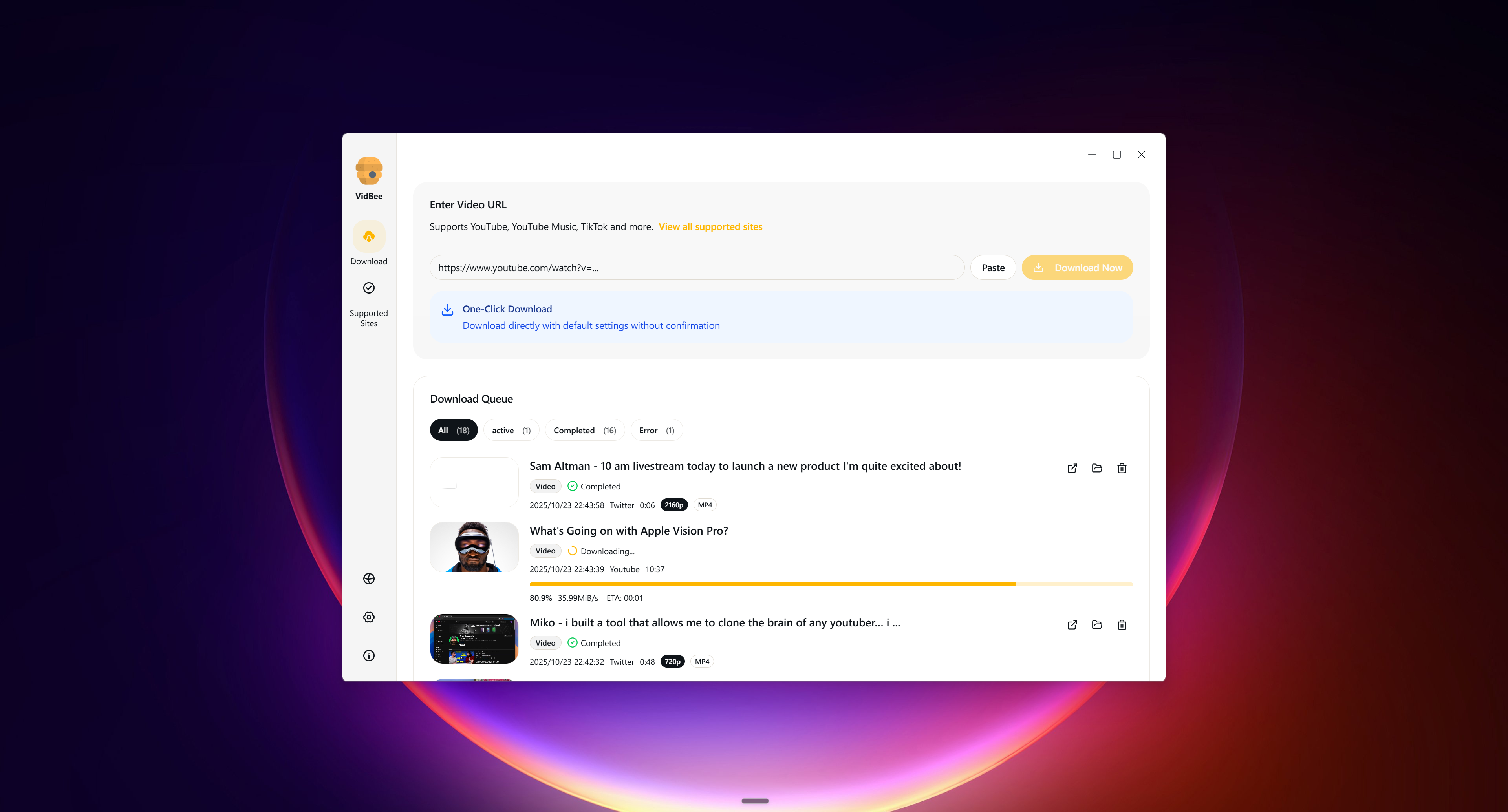 VidBee desktop interface showing a download queue