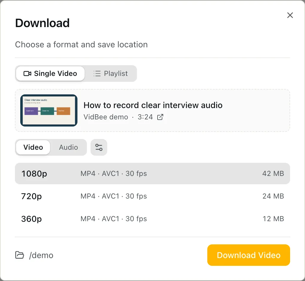 VidBee download setup for an interview-audio tutorial, showing formats and Download Video.