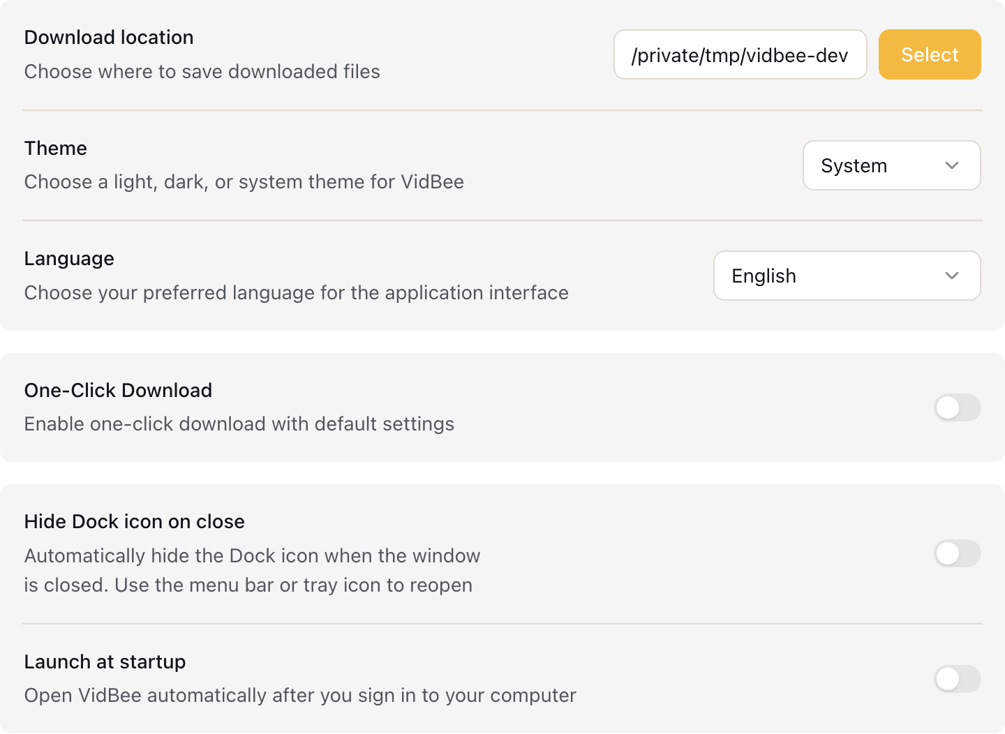 General preferences with download location and one-click setting