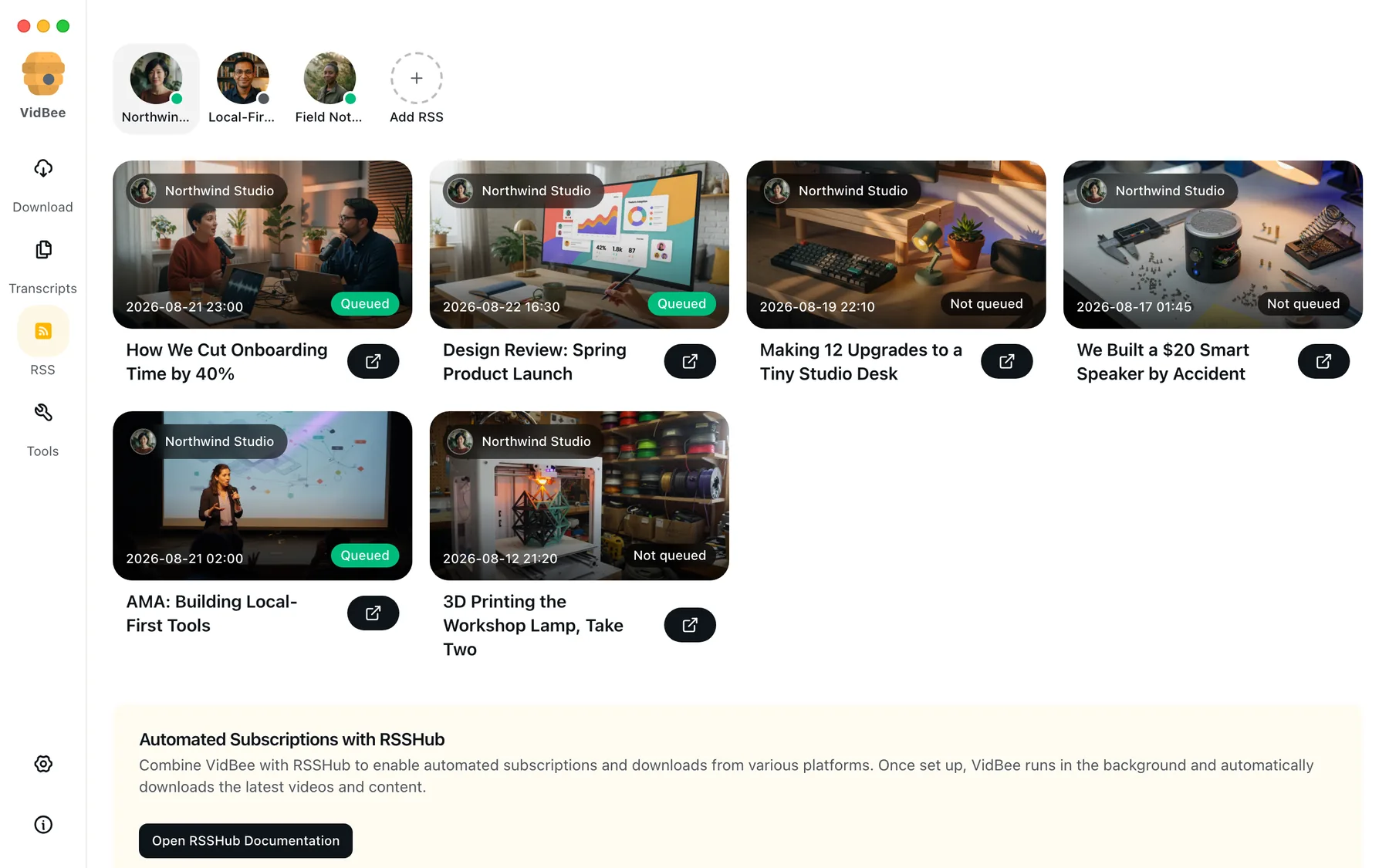 VidBee 桌面版正在顯示訂閱與排隊中的節目