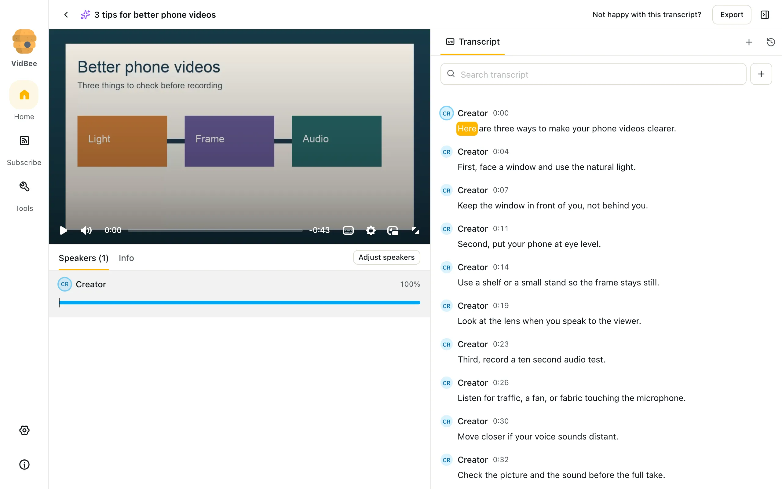 VidBee showing a saved phone-video tutorial with spoken text, timestamps and a video player.